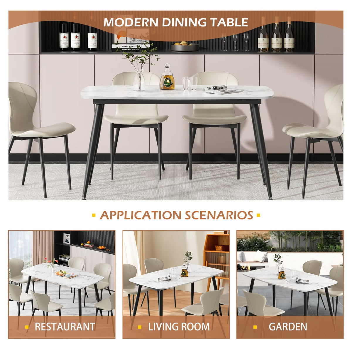 VFF Modern Kitchen Dining Table With MDF Tabletop And Sturdy Metal Frame