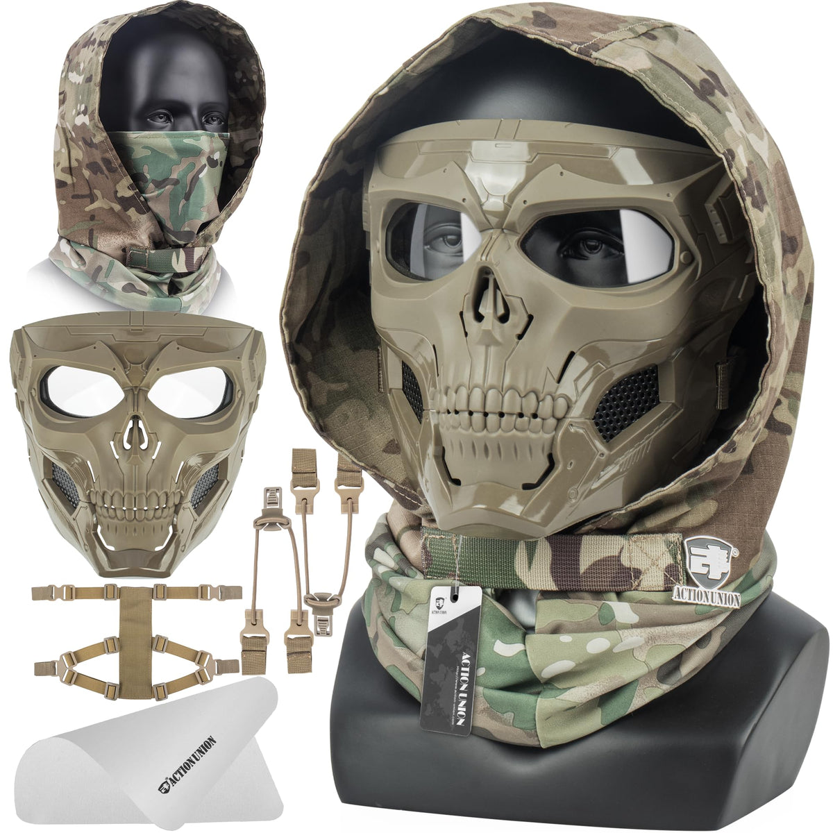 ACTIONUNION Airsoft Mask Full Face Skull Balaclava Face Mask Men Skeleton Mask Tactical Protective Paintball Mask Cosplay Costume (Tan)