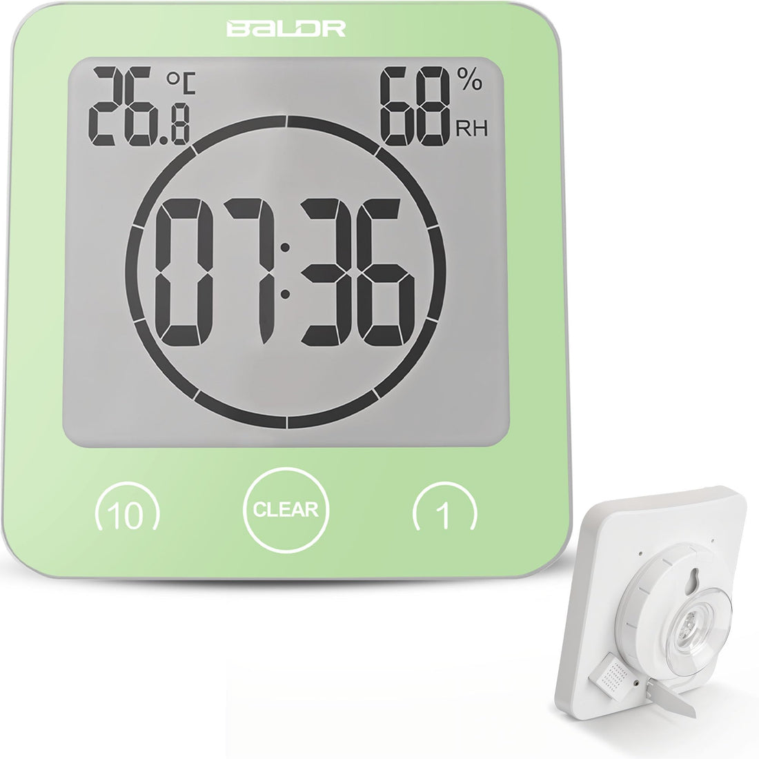 BALDR Digital Shower Clock with Timer - Green - Water-Resistant Shower Timer Countdown Timer Clock with Temperature and Humidity Digital Clock for Shower Bathroom Clock Alarm Clock Battery Powered