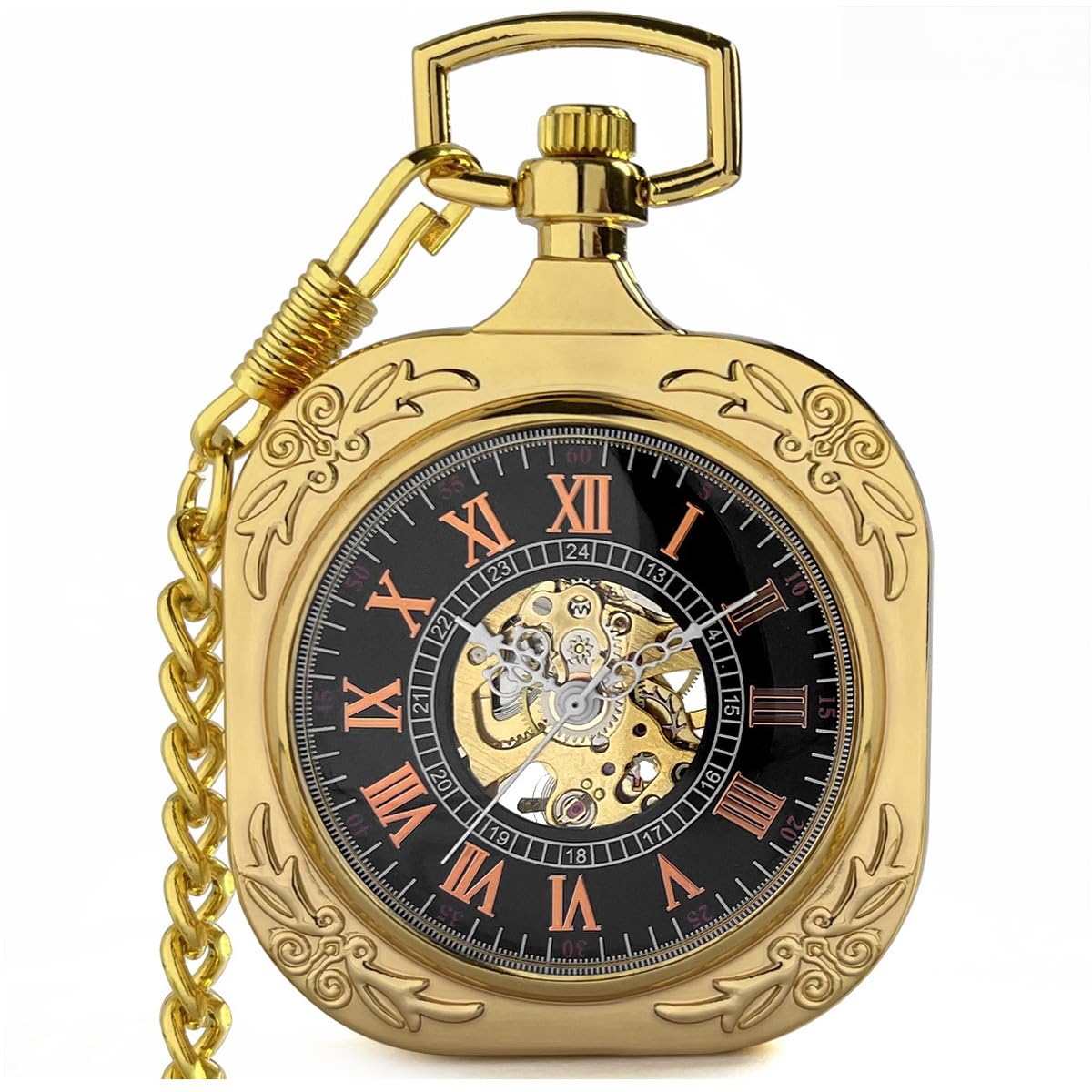 VIGOROSO Mens Gold Roman NO. Pocket Watch with Chain Skeleton Hand Wind Up Mechanical Pocket Watches for Men &amp; Women