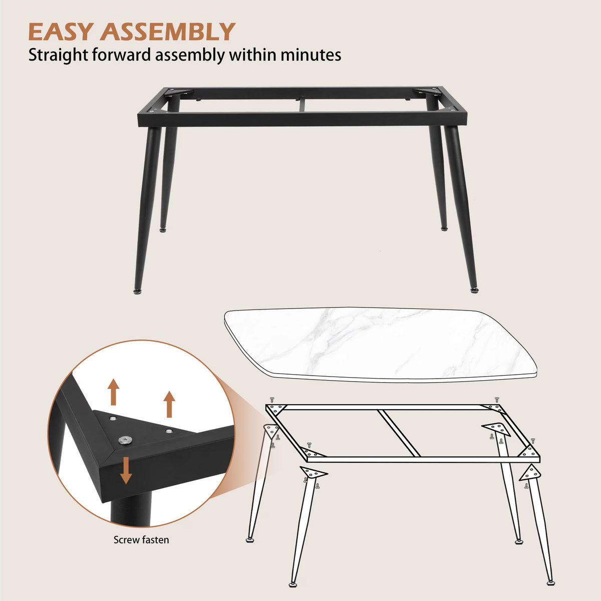 VFF Modern Kitchen Dining Table With MDF Tabletop And Sturdy Metal Frame