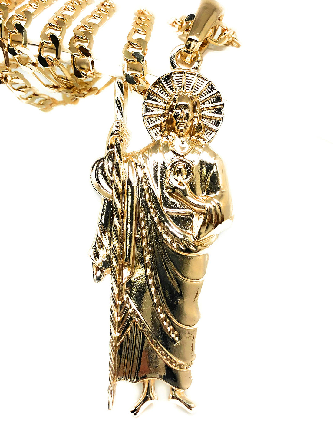 Fran &amp; Co. Jewelry Gold Plated Big Saint Jude Pendant Necklace Figaro 26" San Judas Tadeo Medalla XL Cadena Oro