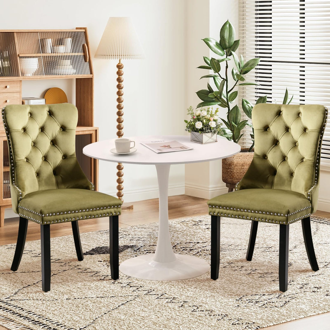SoarTalent 3-Pieces 31.5" Round Dining Table Set for 2White Dining Table &amp; 2 Velvet Upholstered Dining Chairs for Kitchen Dining Room Apartment Small Space(White Table &amp; Olive Green Chairs)
