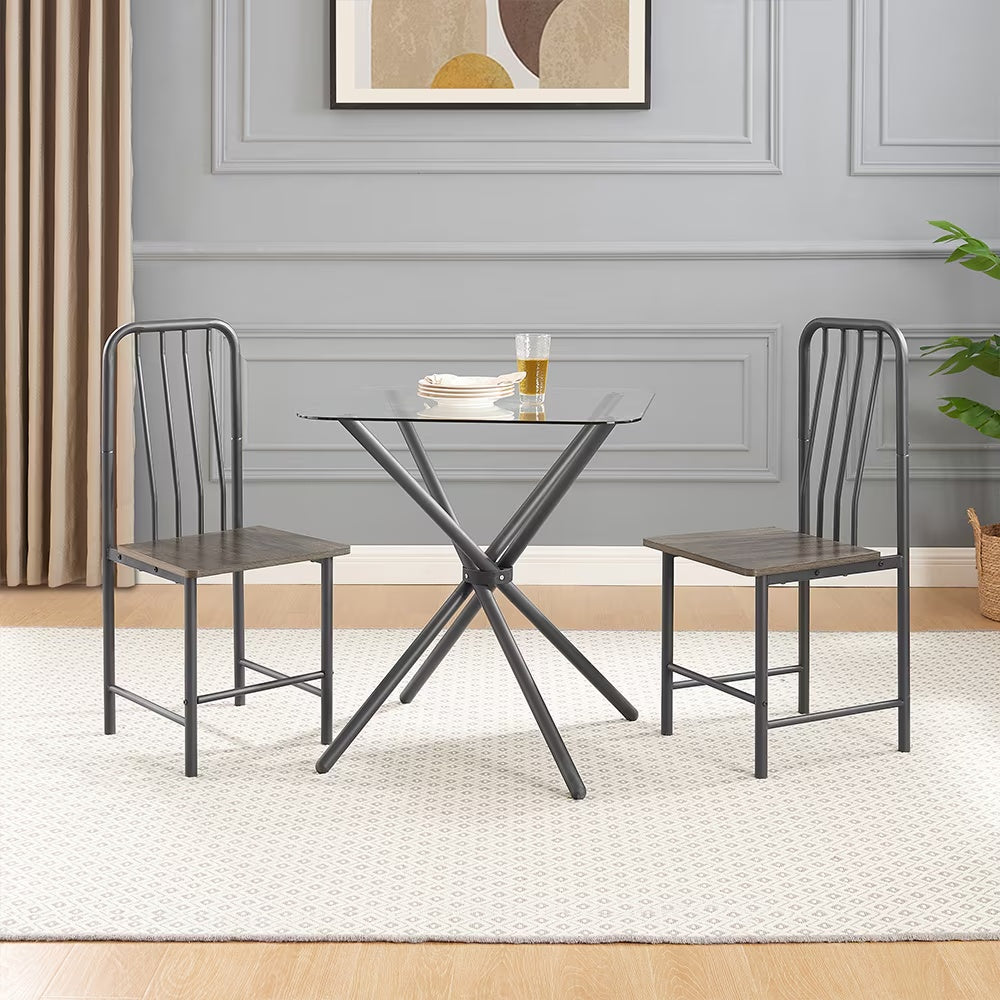 Dining Set For 2, Square Glass Tempered Dining Table With 4 Legs And 2 Metal Chair For Home Office Kitchen Dining Room, Black &amp; Brown
