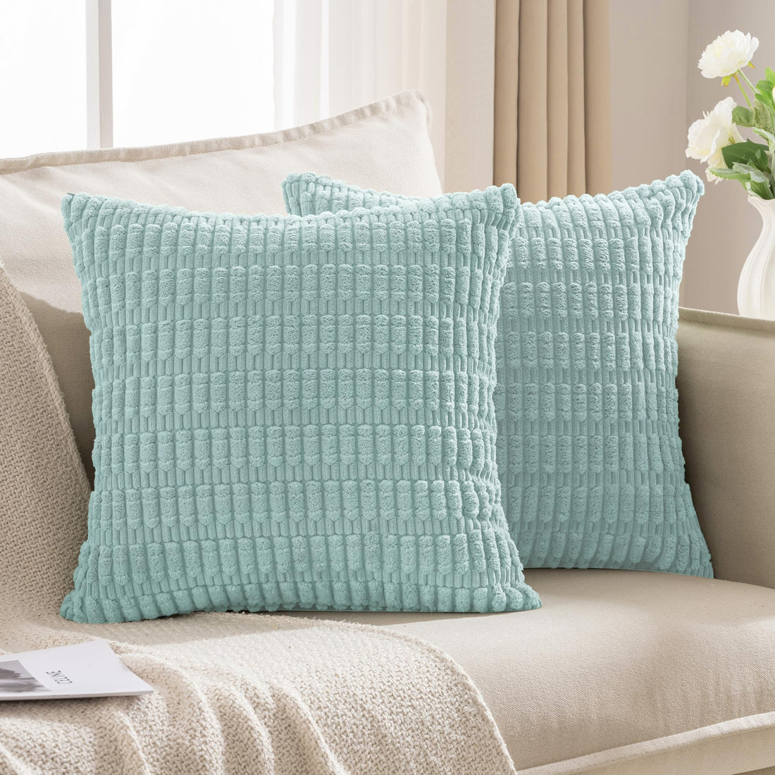 JELLYMONI 2 PCS Throw Pillow Covers Corduroy Striped Decorative Pillows Cover for Farmhouse Boho Home Decor Living Room Bed Sofa Couch Pillow Covers 16x16in Light Blue