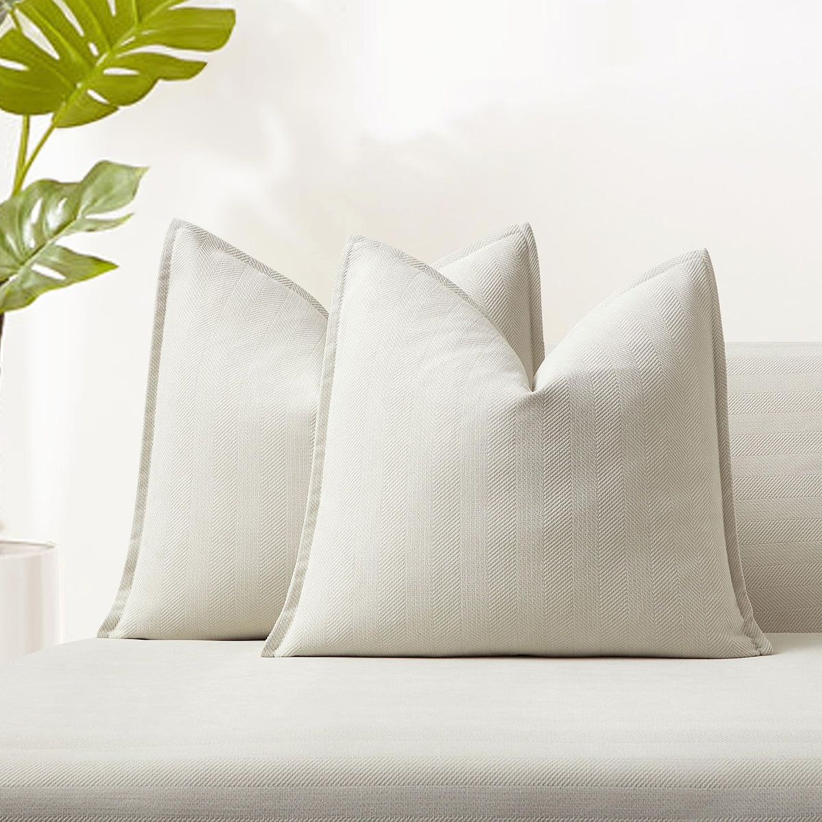 JUSPURBET Cream Herringbone Textured Throw Pillow Covers 20x20 inch Set of 2 for Home Decor Living Room Couch Bed Decorative Soft Luxury Chenille Cushion Case with Invisible Zipper