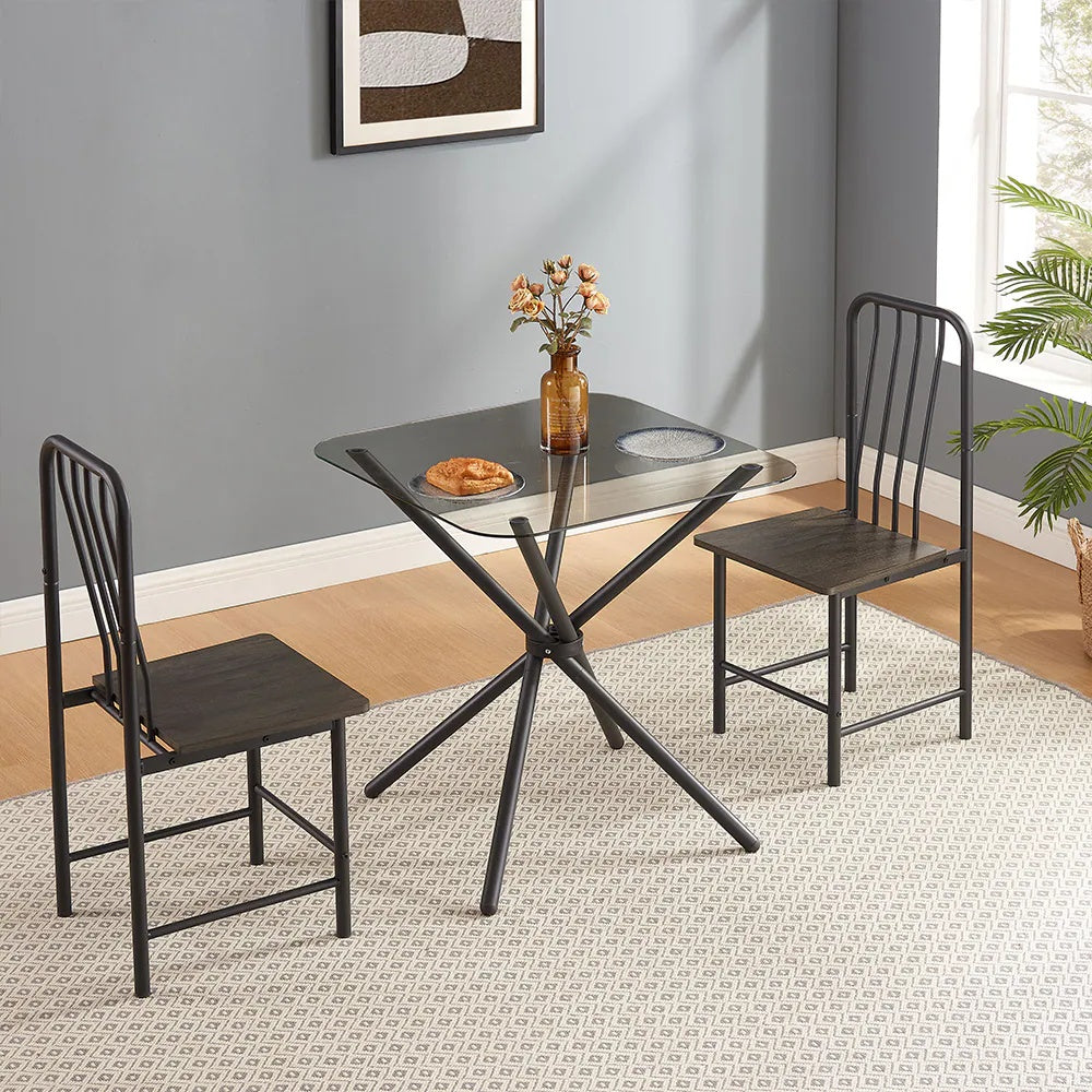 Dining Set For 2, Square Glass Tempered Dining Table With 4 Legs And 2 Metal Chair For Home Office Kitchen Dining Room, Black &amp; Brown