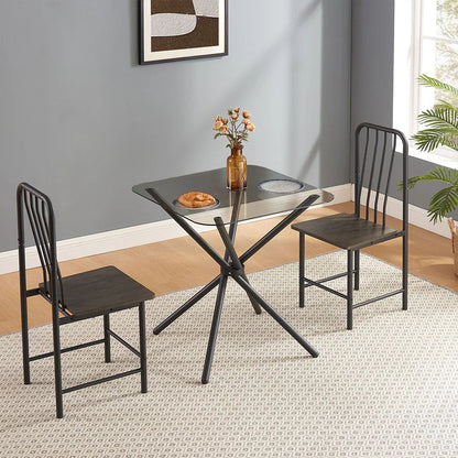 Dining Set For 2, Square Glass Tempered Dining Table With 4 Legs And 2 Metal Chair For Home Office Kitchen Dining Room, Black &amp; Brown