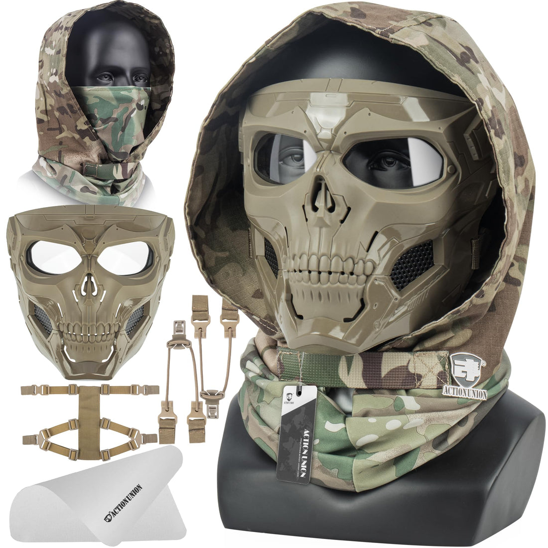 ACTIONUNION Airsoft Mask Full Face Skull Balaclava Face Mask Men Skeleton Mask Tactical Protective Paintball Mask Cosplay Costume (Tan)