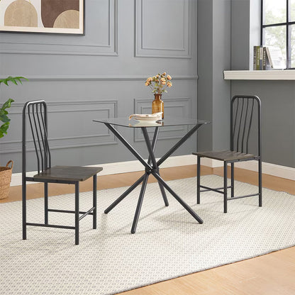 Dining Set For 2, Square Glass Tempered Dining Table With 4 Legs And 2 Metal Chair For Home Office Kitchen Dining Room, Black &amp; Brown