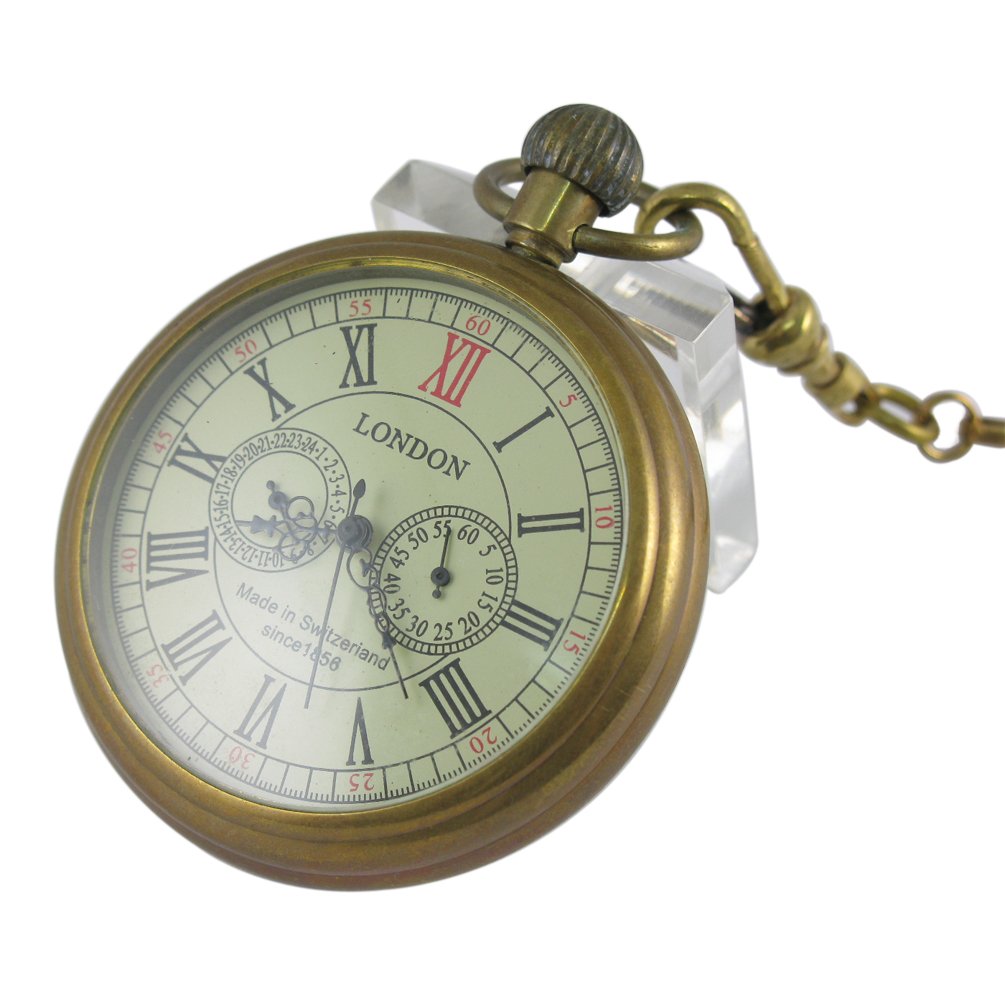 VIGOROSO Mens Vintage Full Copper Hand-Wind Mechanical Second&amp;24hours Sub-dials Pocket Watch in Box