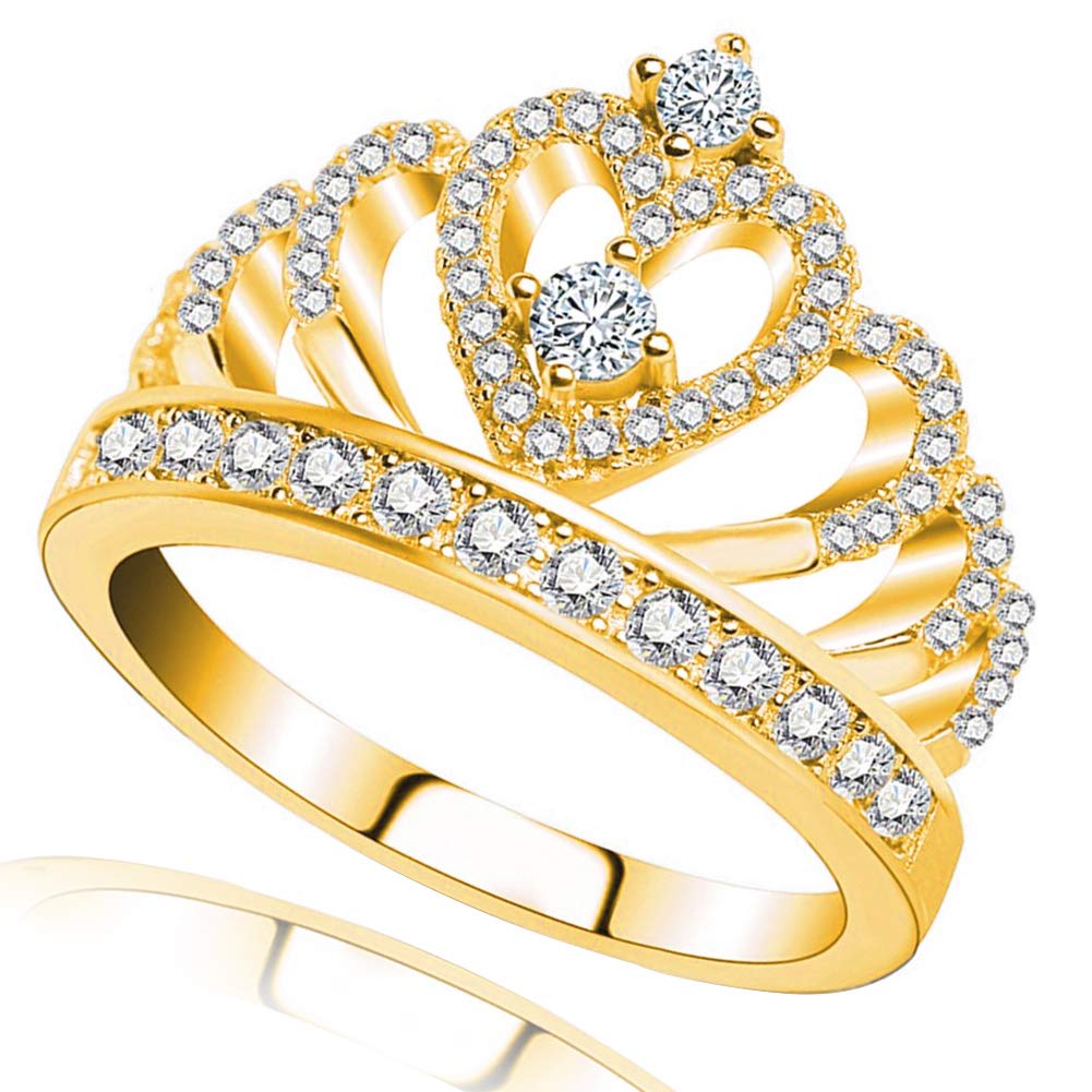 Princess Queen Crown Rings for Women Eternity Heart-Shaped Promise Ring Zircon Jewelry Gold 10