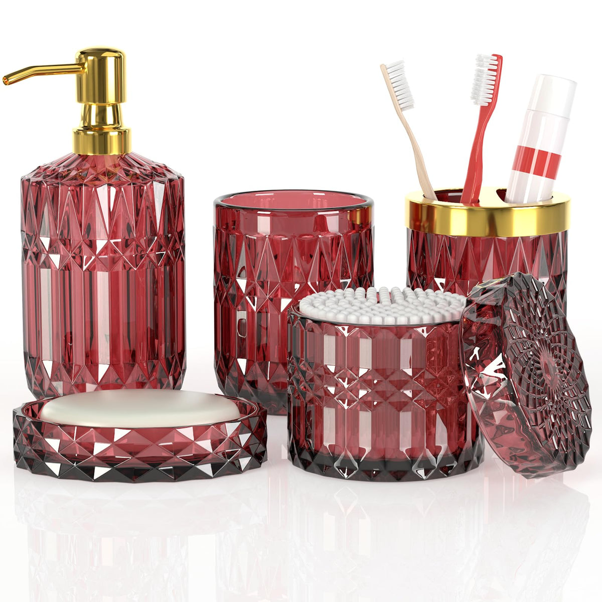 5Pcs Bathroom Accessories Set Glass Soap Dispenser Set with Rust Proof Stainless Steel Pump Soap Holder Toothbrush Holder Tumbler Cotton Swab Jars Red Bathroom Set Bathroom Decor Sets Gift