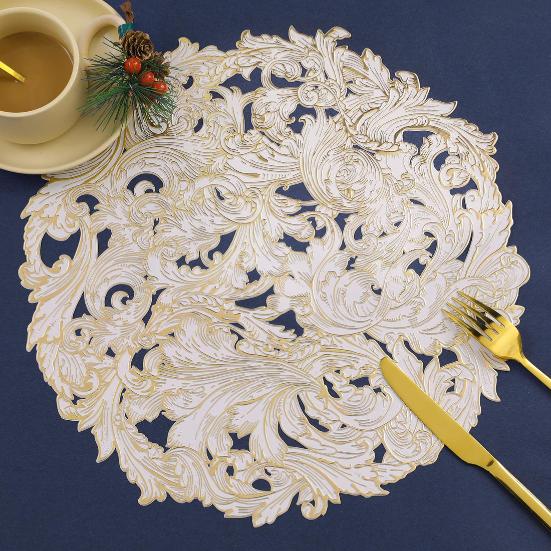 FAVE Round Placemats Phoenix Gold Placemats Set of 6 Vinyl Placemats Dining Table Decor Hollowout Washable Placemats 15Inch Table Mat for Kitchen Dining Table（15 x15Gold）