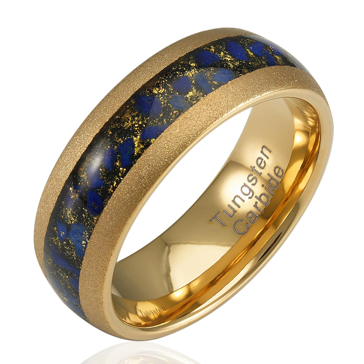 100S JEWELRY Gold Sandblast Tungsten Rings For Men Lapis Lazuli Inlay Wedding Promise Band Size 6-16 (Custom Text Engraving 13)