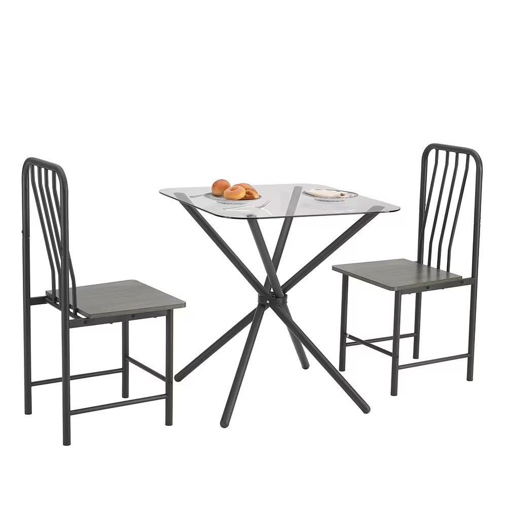 Dining Set For 2, Square Glass Tempered Dining Table With 4 Legs And 2 Metal Chair For Home Office Kitchen Dining Room, Black &amp; Brown