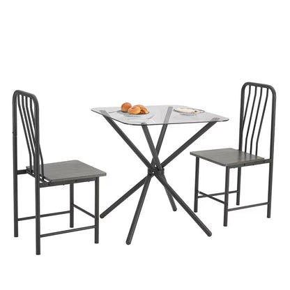 Dining Set For 2, Square Glass Tempered Dining Table With 4 Legs And 2 Metal Chair For Home Office Kitchen Dining Room, Black &amp; Brown