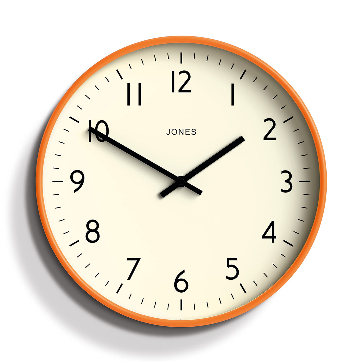 JONES CLOCKS® Studio Round Wall Clock - Round Clock - Modern Clock - Designer Clock - Kitchen Clock - Living Room Clock - Office Clock - Easy to Read Dial - Contemporary Design (Orange)