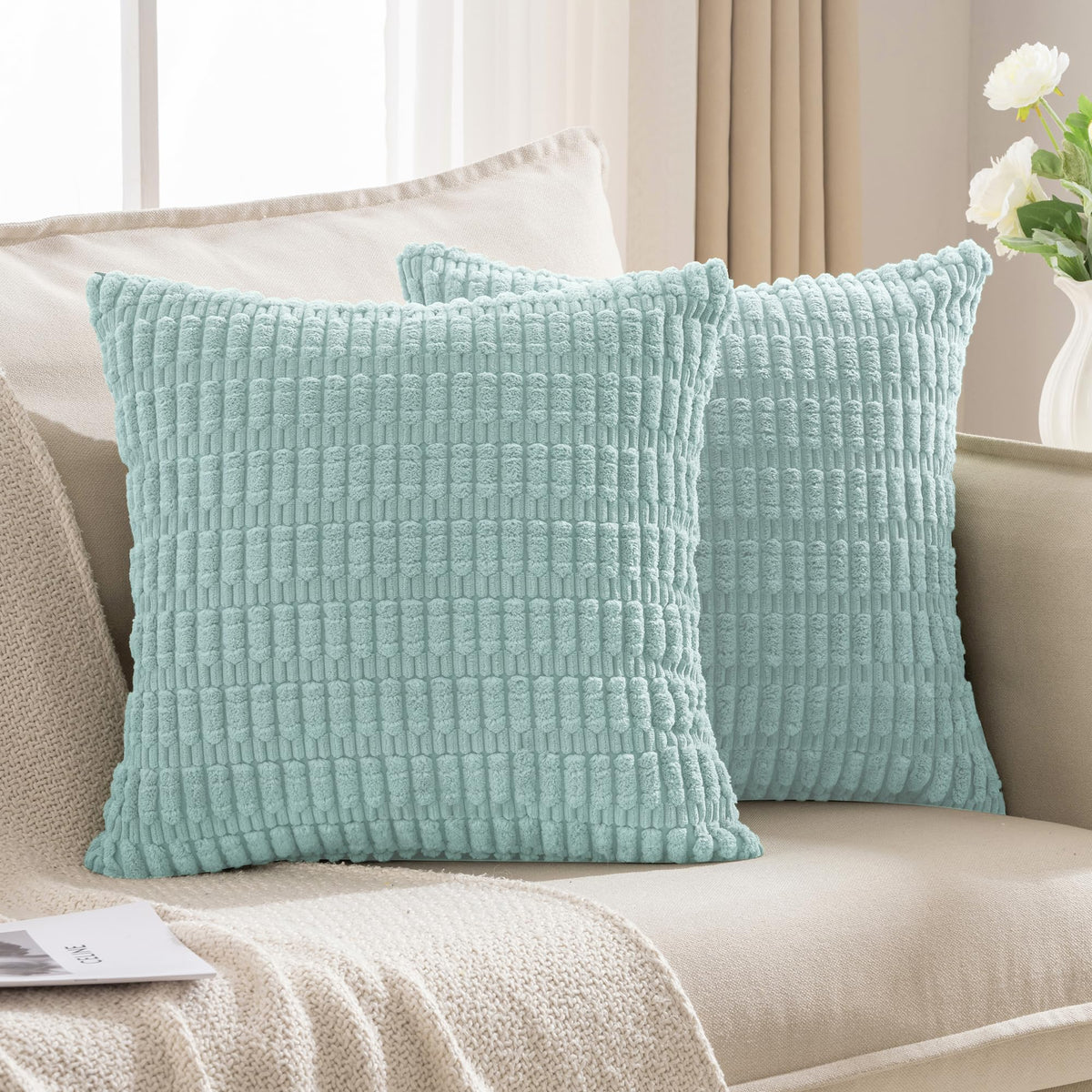 JELLYMONI 2 PCS Throw Pillow Covers Corduroy Striped Decorative Pillows Cover for Farmhouse Boho Home Decor Living Room Bed Sofa Couch Pillow Covers 16x16in Light Blue
