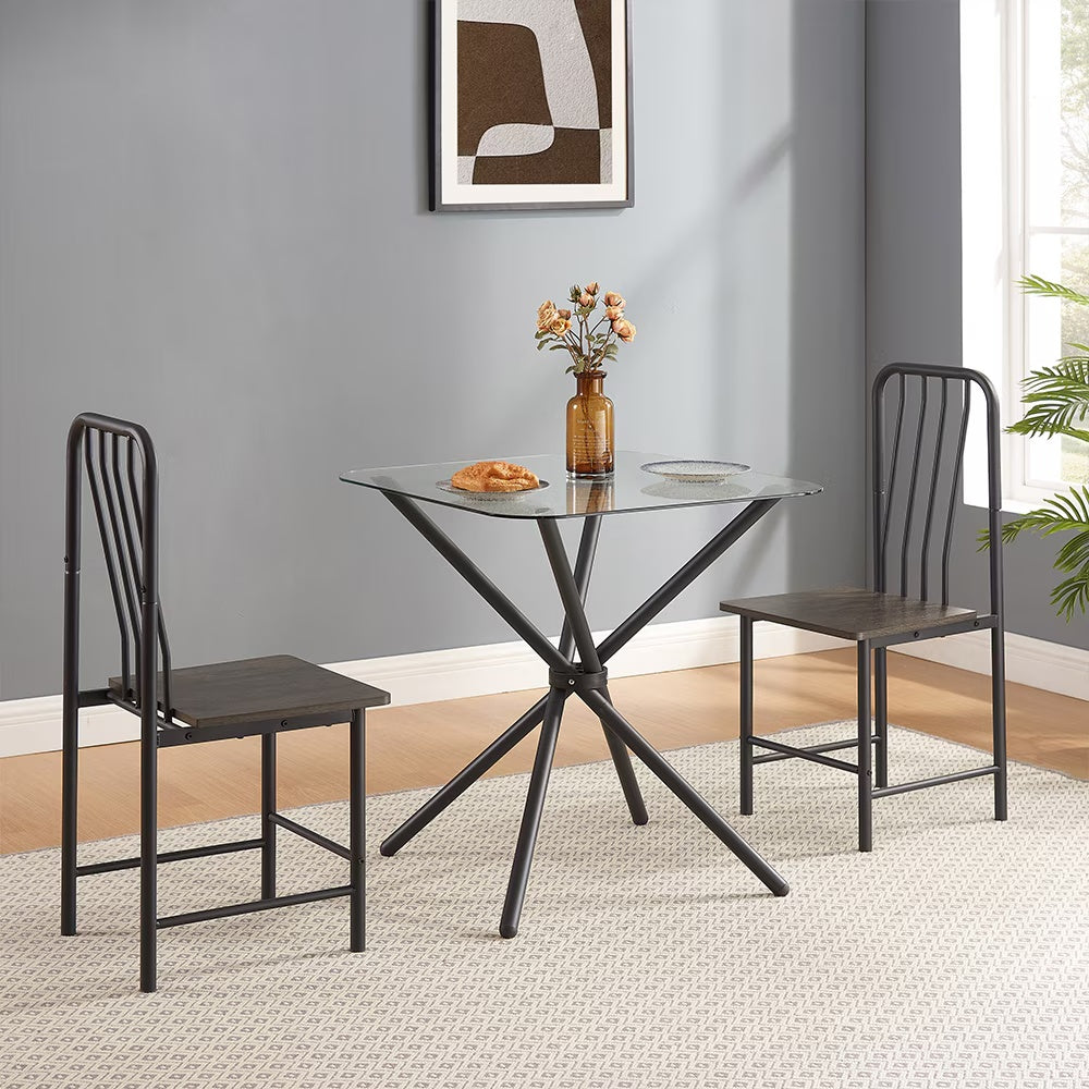 Dining Set For 2, Square Glass Tempered Dining Table With 4 Legs And 2 Metal Chair For Home Office Kitchen Dining Room, Black &amp; Brown