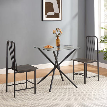 Dining Set For 2, Square Glass Tempered Dining Table With 4 Legs And 2 Metal Chair For Home Office Kitchen Dining Room, Black &amp; Brown