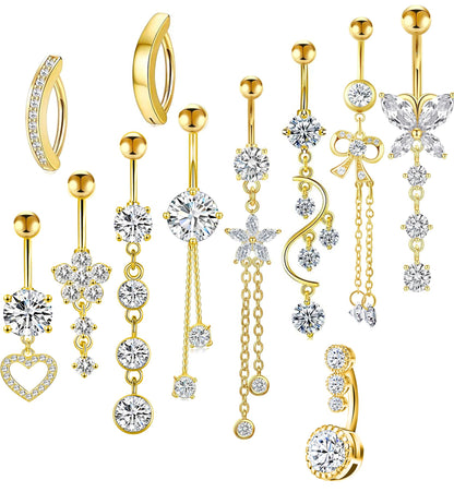 TIANCI FBYJS 11Pcs Gold Belly Button Ring Gold Belly Button Piercing Dangle Belly Ring for Women Surgical Steel Belly Button Rings 14G Navel Ring Belly Piercing Jewelry (gold color)