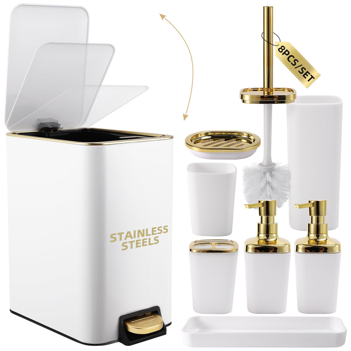 XLHOMO White Bathroom Accessories Set 8 Piece White and Gold Bathroom Set Bathroom Sets with Stainless Steel Trash CanToilet BrushToothbrush SetSoap Dispenser